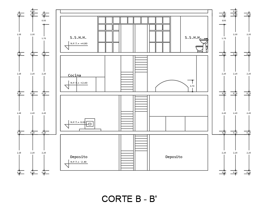 The front center cut view of the 10x8m house building 2d drawing