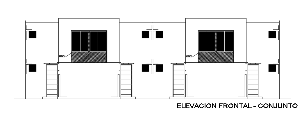 The front conjunction elevation view of the 9x15m house building 2d