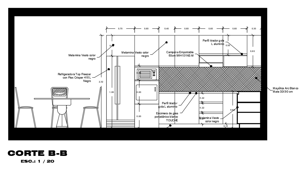 The front cut detailed view of the 6450x3100mm modular kitchen