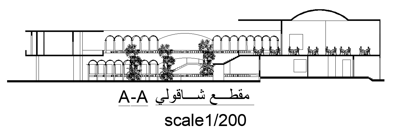 The front cut section AA view of the staying hotel building AutoCAD drawing