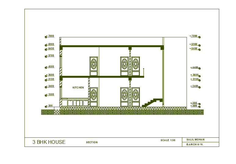 The front cut section view of the 10x12m house building