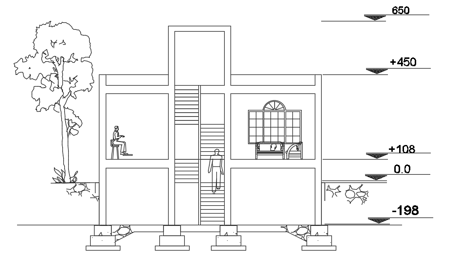 The front cut section view of the 10x15m house building CAD model