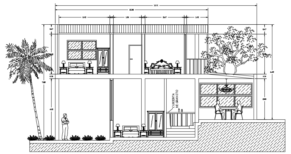 The front cut section view of the 10x20m home building