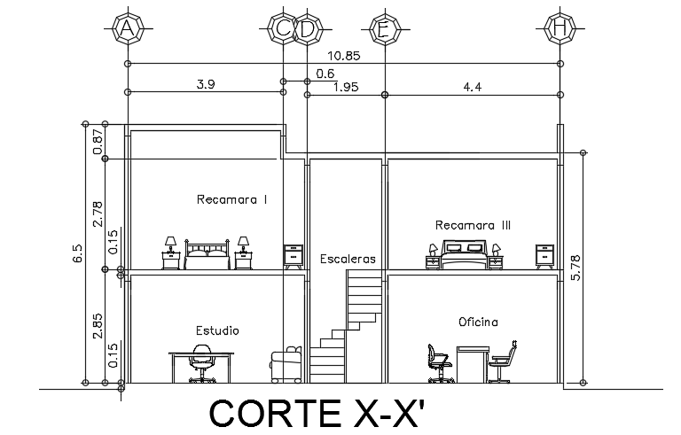 The front cut section view of the 10x22m house building