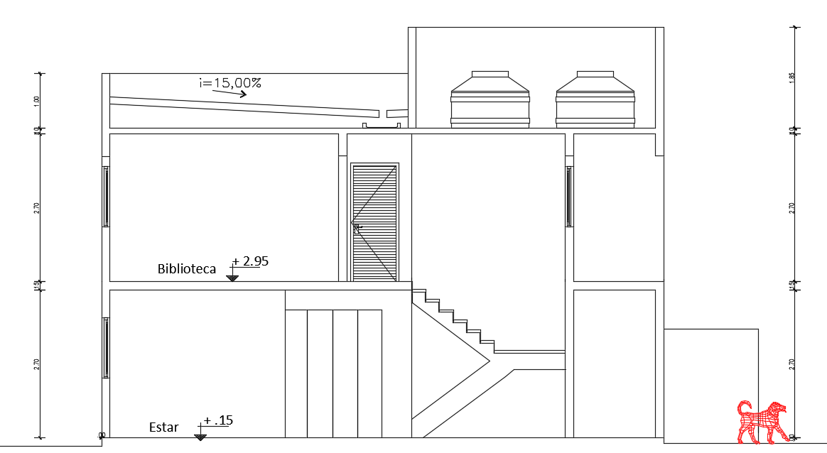 The front cut section view of the 10x29m two story house building