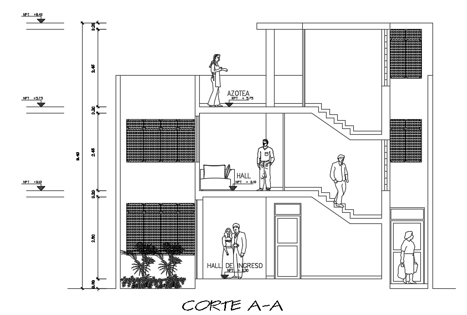 The front cut section view of the 10x30m house building drawing is given