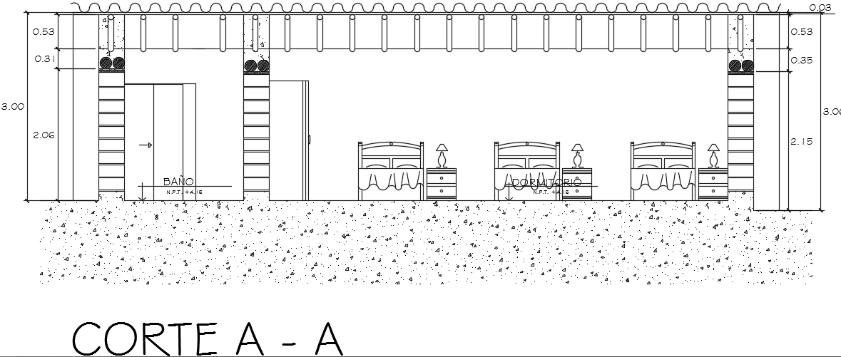 The front cut section view of the 10x6m kid’s bedroom building AutoCAD drawing