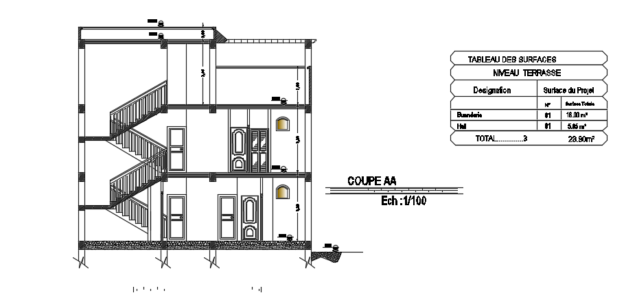 The front cut section view of the 11x14m house building cad drawing