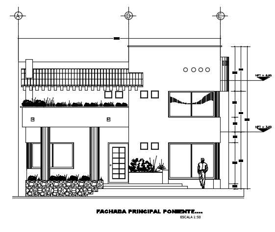 The front cut section view of the 11x22m villa building AutoCAD 2D drawing