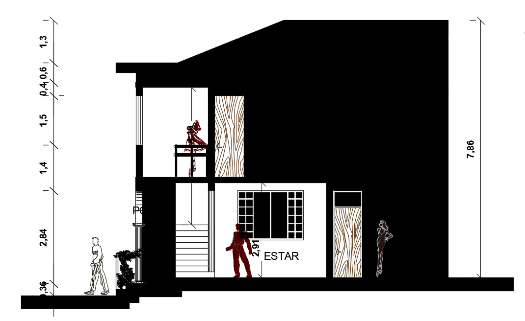 The front cut section view of the 11x24m house building 2d AutoCAD