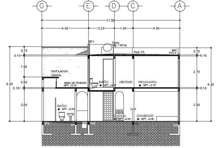 The front cut section view of the 12x13m architecture 3bhk house building AutoCAD drawing