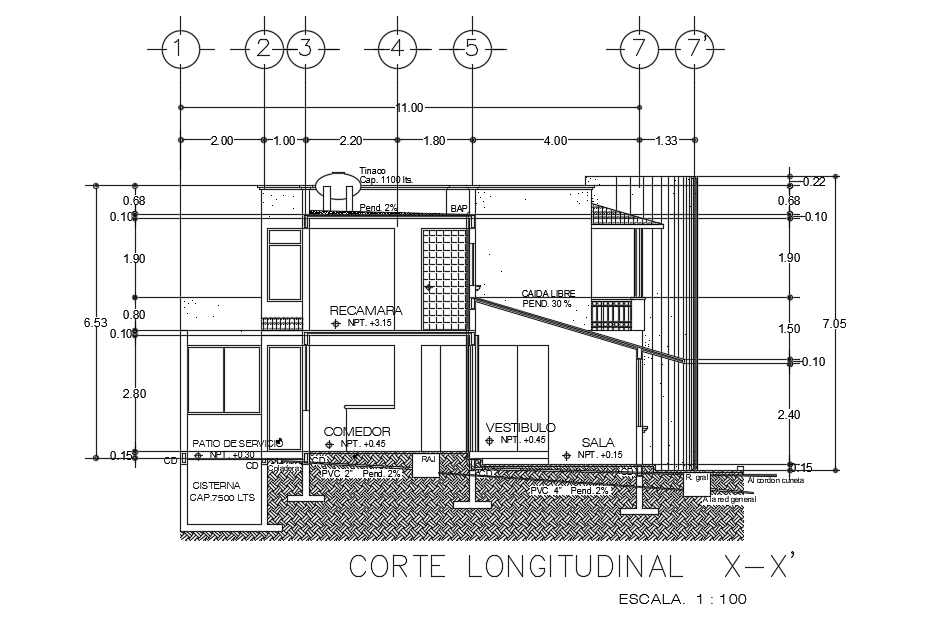 The front cut section view of the 12x14m house building