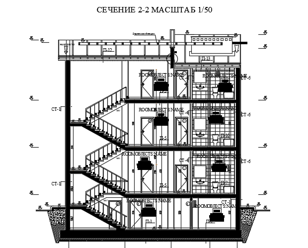 The front cut section view of the 12x15m house building CAD model is given
