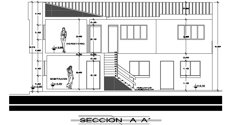The front cut section view of the 12x15m residential house building AutoCAD drawing