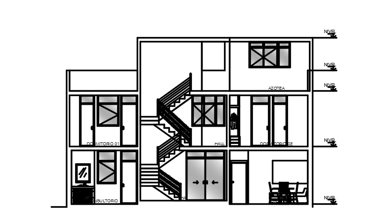 The front cut section view of the 12x19m house building AutoCAD drawing