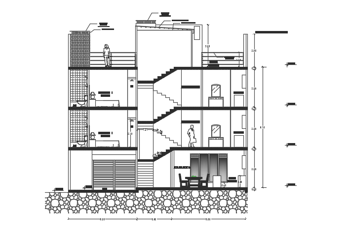 The front cut section view of the 12x21m three story house building AutoCAD model