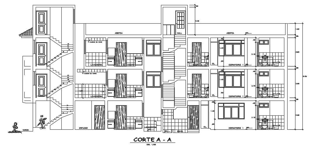 The front cut section view of the 12x23m three story residential building cad drawing