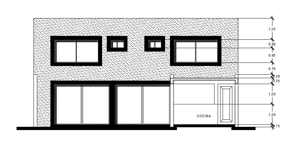 The front cut section view of the 12x30m two story residential house building