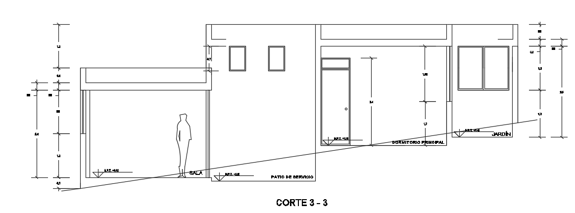 The front cut section view of the 12x6m 3bhk house building CAD drawing