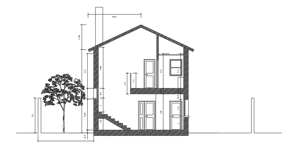 14x12m Architecture House Front Cut Section View in AutoCAD Drawing