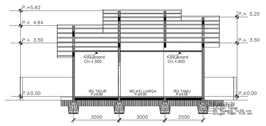 The front cut section view of the 14x10m house building AutoCAD 2D drawing