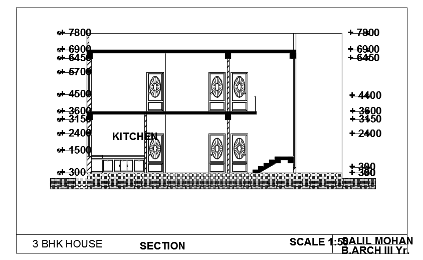 The front cut section view of the 14x12m house building