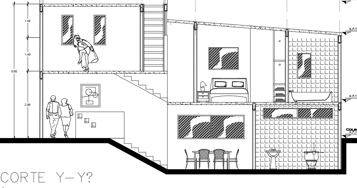 The front cut section view of the 14x18m architecture house building 2d Autocad drawing is given in this file