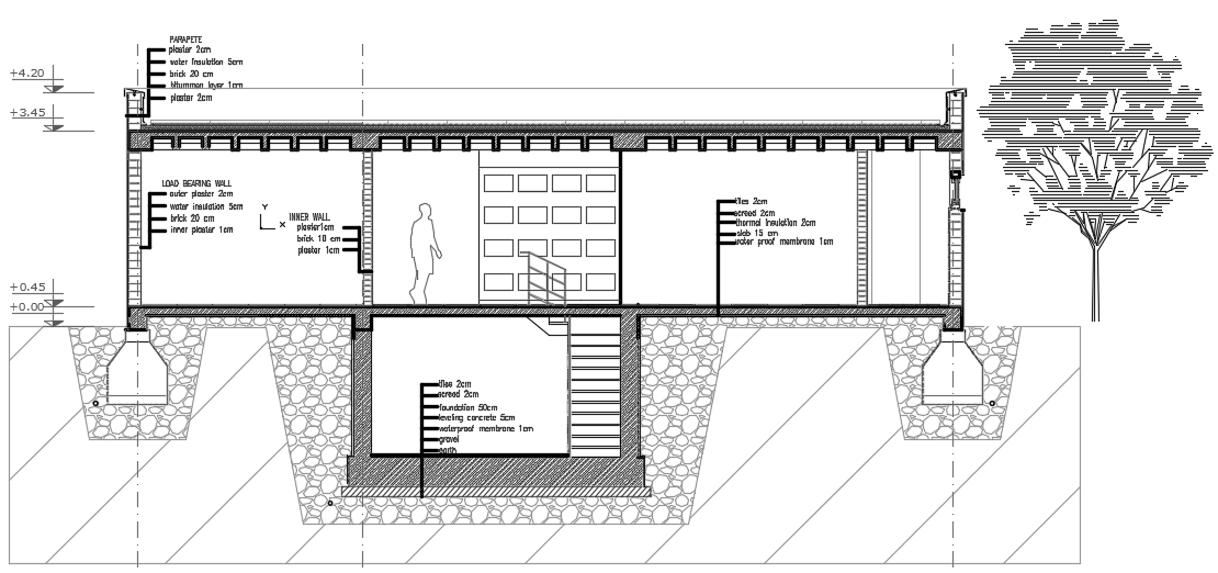 The front cut section view of the 14x8m 1bhk house building AutoCAD drawing