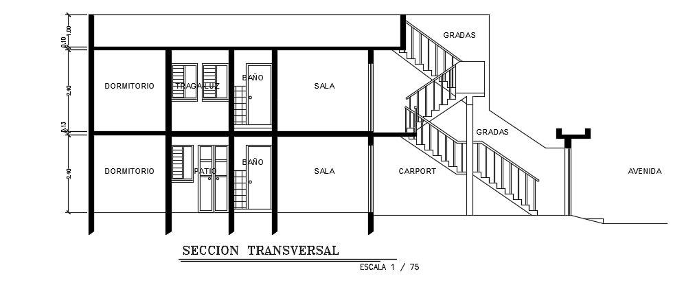 The front cut section view of the 15x10m house building cad drawing