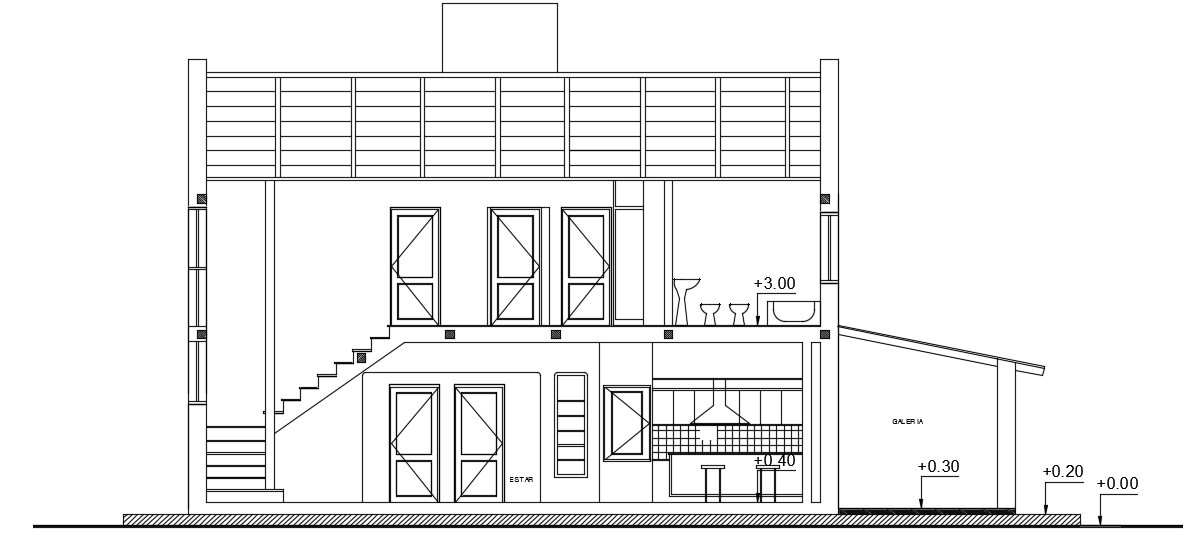 The front cut section view of the 15x14m house building cad drawing
