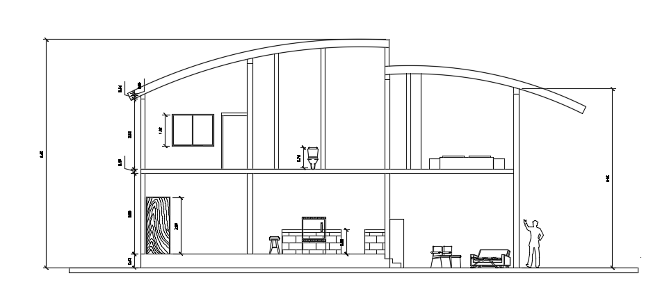 The front cut section view of the 16x12m house building