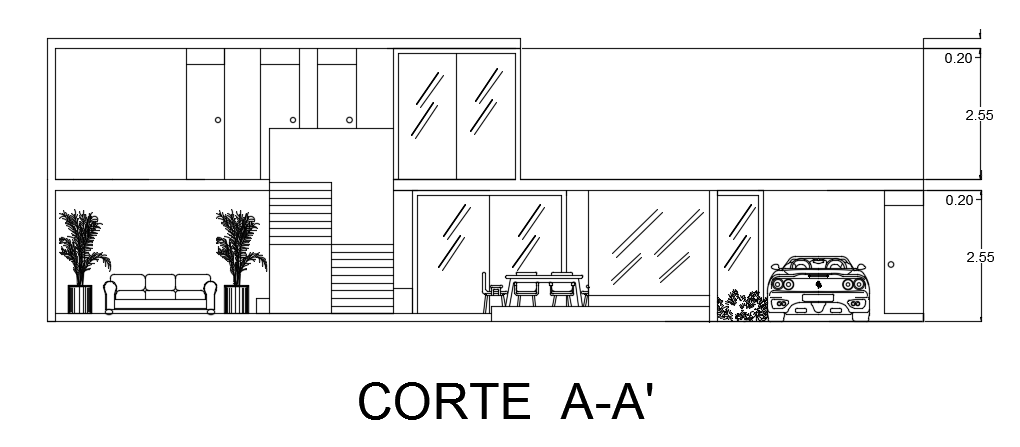 The front cut section view of the 17x20m luxury villa building