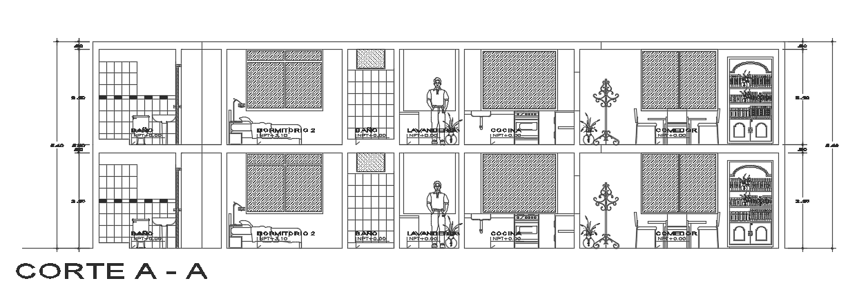 The front cut section view of the 18x9m 3bhk house building Autocad drawing