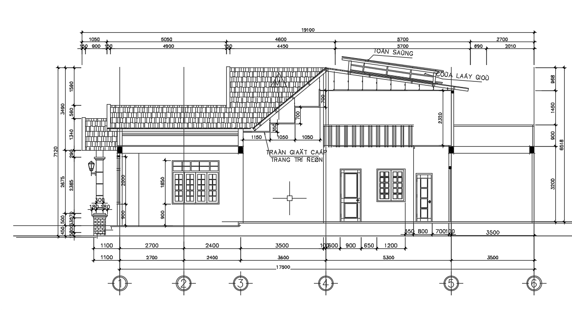 The front cut section view of the 21x6m architecture home building AutoCAD drawing