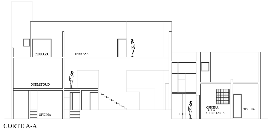 The front cut section view of the 24x19m house building