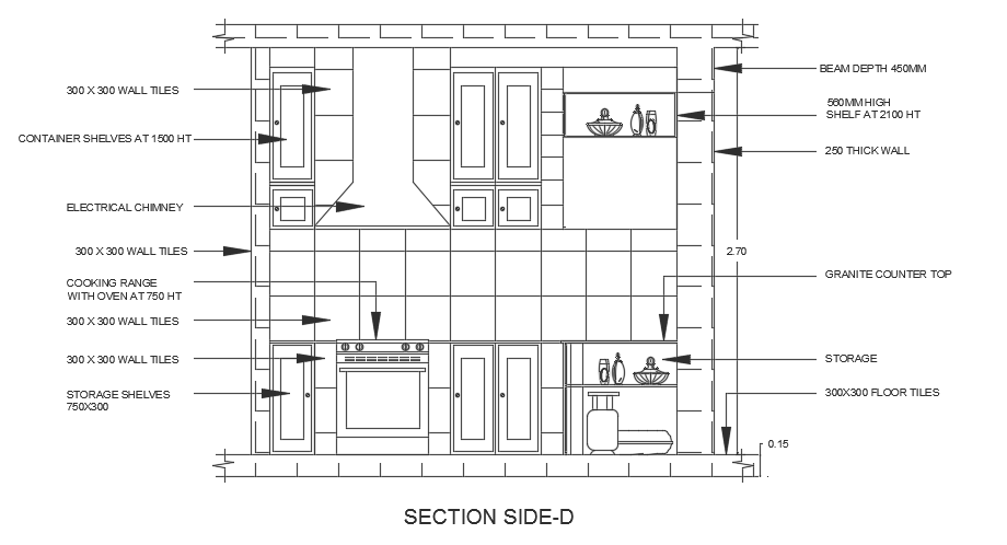 The front cut section view of the 3380x3080mm kitchen building AutoCAD 2d drawing