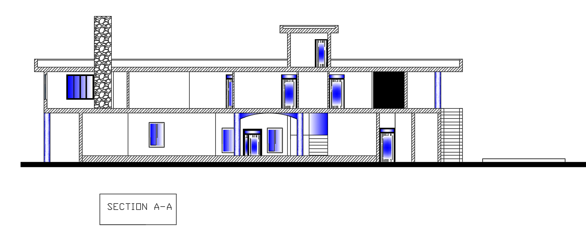The front cut section view of the 35x15m luxury villa building AutoCAD drawing