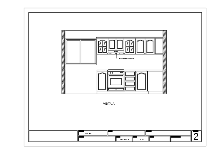 The front cut section view of the 3700x3000mm kitchen AutoCAD model