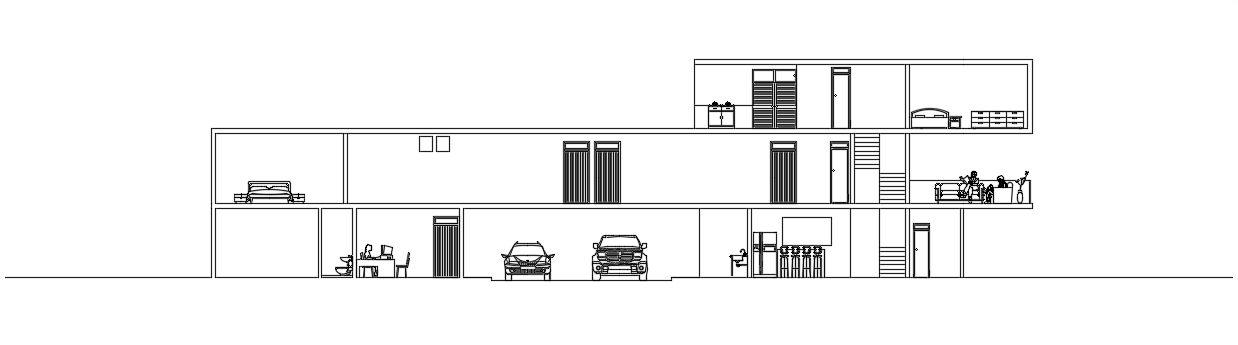 The front cut section view of the 37x2m villa building