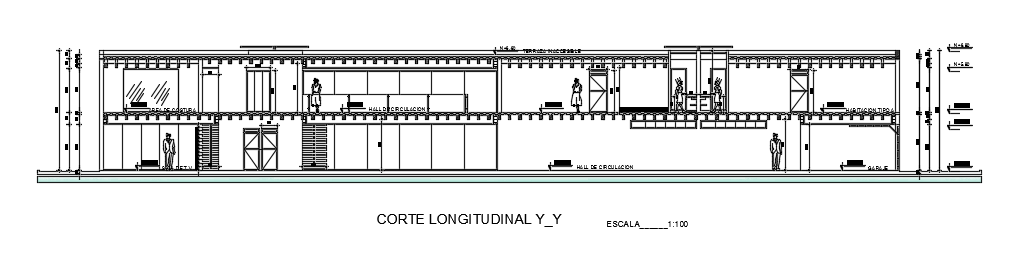 The front cut section view of the40x18m villa building drawing