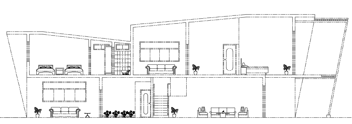 The front cut section view of the 45x10m house building cad drawing