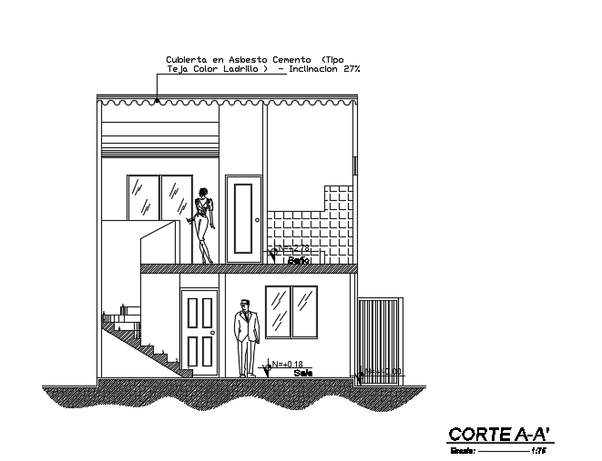 The front cut section view of the 6x11m two story residential house building AutoCAD model