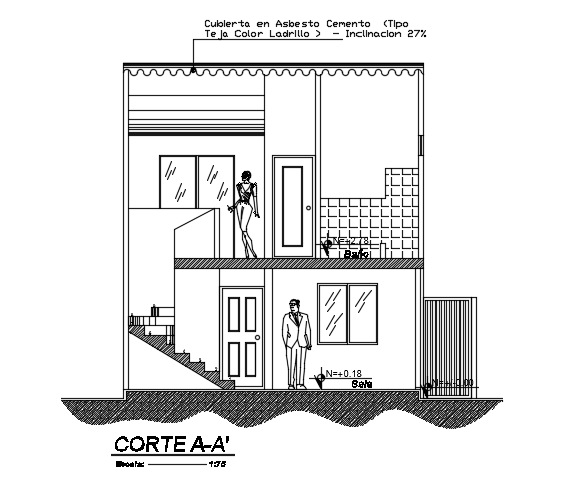 The front cut section view of the 6x12m two story duplex house building cad model