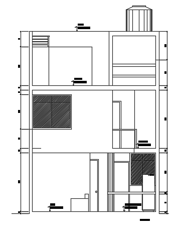 The front cut section view of the 6x15m architecture three story house building cad drawing