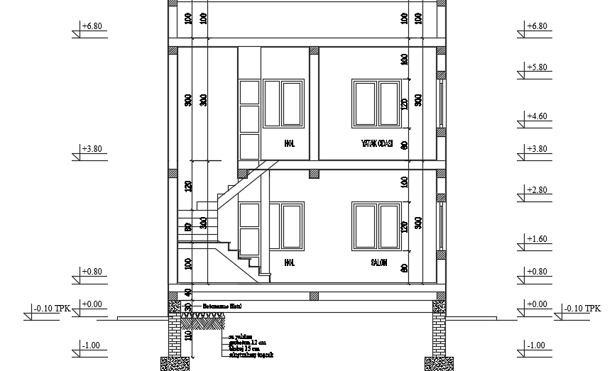 The front cut section view of the 6x5m simple two story house building drawing