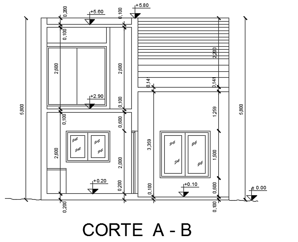 The front cut section view of the 6x6m bungalow house building AutoCAD model is given
