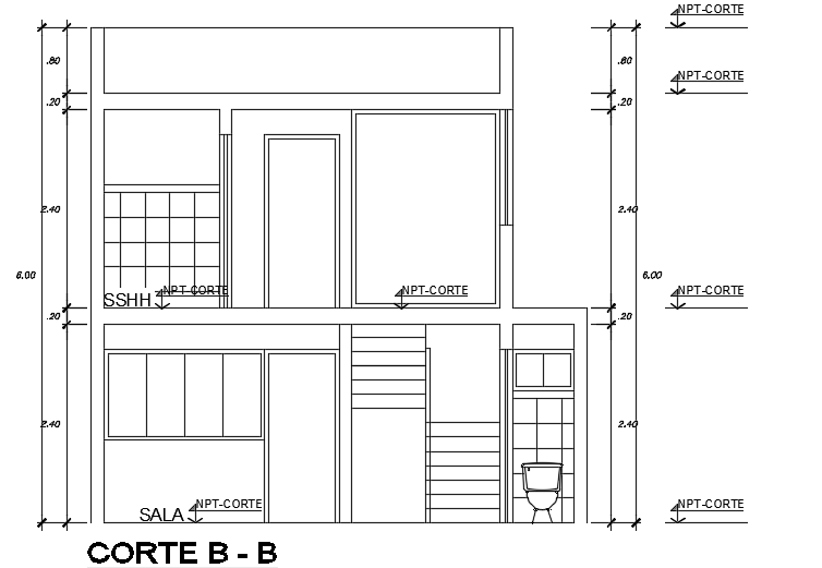 The front cut section view of the 6x6m small residential building AutoCAD model
