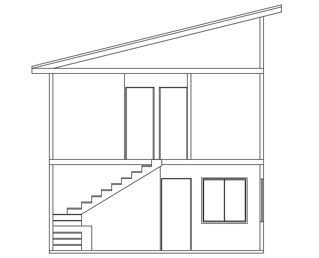 The front cut section view of the 6x7m two story house building cad drawing is given