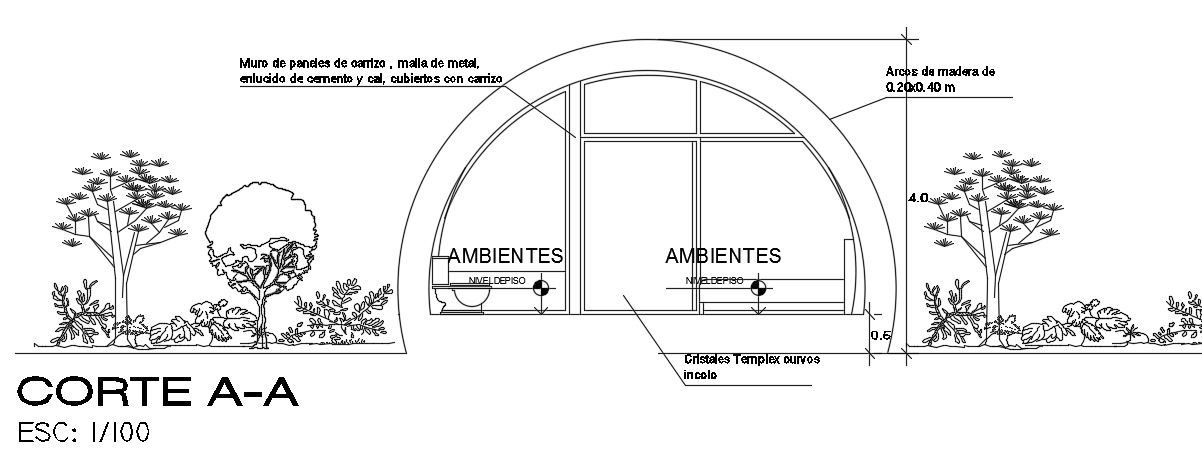 The front cut section view of the 6x9m guest house building 2d AutoCAD drawing