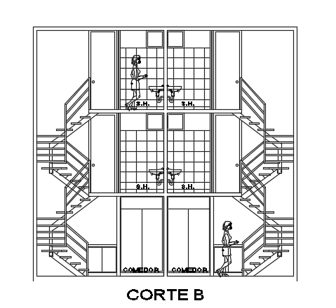 The front cut section view of the 7x13m duplex house building